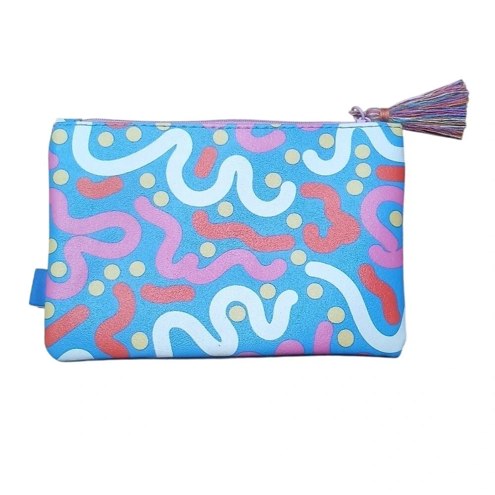 Ipsy Makeup‎ Bag Women Small Blue Pink 80s Memphis Squiggle Tassel Pouch
